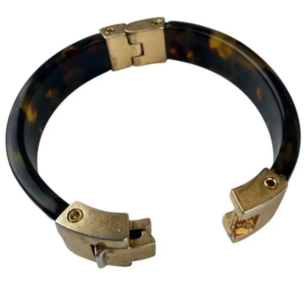 J.Crew Tortoise Shell Resin Bangle Bracelet Gold Tone Bronzed Hinged Cuff